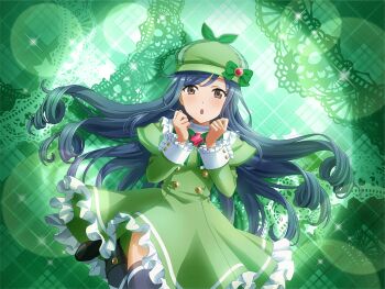 1girl blue_hair bow bowtie cosplay dress frilled_dress frills game_cg green_bow green_bowtie green_dress green_hat hands_up hat hat_bow hercule_barton hercule_barton_(cosplay) jumping kochou_shizuha long_hair long_sleeves looking_at_viewer newsboy_cap official_art parted_lips purple_eyes shoujo_kageki_revue_starlight shoujo_kageki_revue_starlight_-re_live- solo spotlight tantei_opera_milky_holmes upper_body