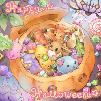 blush blush_stickers candy candy_wrapper chandelure chocolate cookie eating eevee fire food gen_1_pokemon gen_2_pokemon gen_5_pokemon halloween happy_halloween hoppip komori_fuuka leaf litwick lollipop marill marshmallow nintendo no_humans open_mouth pikachu pokemon pokemon_(creature) pumpkin rattata vulpix water_drop