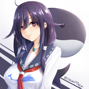 1girl ahoge animal_print apron blush breasts fish_print hair_flaps hair_ornament highres kantai_collection kappougi large_breasts long_hair looking_at_viewer low_twintails purple_hair red_eyes school_uniform seiya_(iiseven) serafuku smile solo taigei_(kancolle) twintails twitter_username upper_body whale whale_hair_ornament whale_print white_background