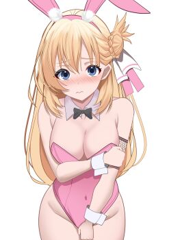 1girl agnes_claudel animal_ears blonde_hair blue_eyes blush bow bowtie breasts cleavage dress eiyuu_densetsu embarrassed hair_bun highres kuro_no_kiseki_(series) leotard looking_at_viewer pink_dress playboy_bunny rabbit_ears