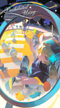 1girl 1other absurdres animal bird blonde_hair boots bushi_feichai_qishi closed_mouth commission crosswalk duck eyelashes flag gloves headset highres holding holding_flag long_hair mihuashi_commission night original shadow sidelocks sky solo_focus standing traffic_mirror twintails unworn_eyewear walking watermark yellow_eyes