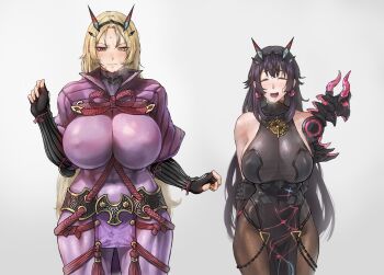 2girls 94579813 absurdres alternate_hairstyle armor arms_behind_back barghest_(fate) barghest_(fate)_(cosplay) barghest_(second_ascension)_(fate) blonde_hair blush bodysuit breasts closed_eyes cosplay costume_switch covered_abs earrings embarrassed fate/grand_order fate_(series) fingerless_gloves gloves green_eyes grey_background heavy_breathing heterochromia highres huge_breasts jewelry large_breasts long_hair minamoto_no_raikou_(fate) minamoto_no_raikou_(fate)_(cosplay) multiple_girls navel pauldrons purple_bodysuit red_eyes rope see-through_clothes shoulder_armor simple_background single_pauldron slit_pupils sweat tiara toned tonko_from vambraces wide_hips