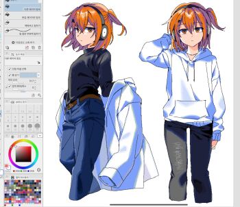 1girl adachi_rei denim hair_ornament hair_ribbon hair_scrunchie highres hood hoodie multiple_persona one_side_up orange_eyes orange_hair pants ribbon samsap scrunchie short_hair side_ponytail utau