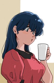 blowing_steam blue_eyes blue_hair blush breasts coffee coffee_mug collared_dress cup dress highres long_hair maison_ikkoku medium_breasts mug otonashi_kyouko poppowerhearts red_dress window