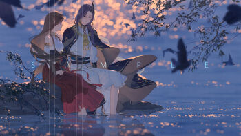 1boy 1girl :d absurdres barefoot bird black_cape black_horns black_sash blue_eyes blue_hair braid branch brown_hair cape clarence_clayden clarence_clayden_(spirit_world) closed_mouth commission commissioner_insert curtained_hair detached_sleeves earrings eye_contact feet_out_of_frame gold_earrings gold_necklace hair_over_shoulder head_chain highres horns jewelry long_hair long_skirt long_sleeves looking_at_another lovebrush_chronicles mihuashi_commission mole mole_under_eye monocle necklace noo-oo oc_x_canon open_clothes open_mouth open_robe original outdoors parted_bangs profile purple_eyes red_skirt reflection reflective_liquid robe rock sample_watermark sash shirt side_braid sideways_glance single_braid single_horn sitting skirt sleeveless sleeveless_shirt smile soaking_feet waist_sash water watermark white_robe white_shirt