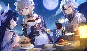 3girls absurdres arlecchino_(genshin_impact) azukimaru bare_shoulders black_eyes black_hair blue_eyes brown_hair cake cake_slice closed_eyes closed_mouth coat columbina_(genshin_impact) cup detached_collar detached_sleeves dress eye_mask food genshin_impact gloves grey_hair hair_between_eyes hair_ornament head_wings highres holding holding_spoon long_hair long_sleeves looking_at_viewer mask moon multicolored_hair multiple_girls night night_sky red_pupils sandrone_(genshin_impact) short_hair sky smile spoon streaked_hair symbol-shaped_pupils teacup two-tone_hair white_dress white_gloves white_hair wings x-shaped_pupils