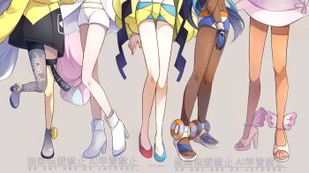 5girls bare_legs bikini black_hair blue_hair blue_shorts boots coat dark-skinned_female dark_skin diantha_(pokemon) dress elesa_(pokemon) fur_coat fur_jacket gloves grey_pantyhose hexagon_print high_heel_boots high_heels highres iono_(pokemon) jacket jumpsuit legs long_hair long_sleeves lower_body multicolored_hair multiple_girls navel nessa_(pokemon) nintendo oversized_clothes pantyhose pink_hair pokemon pokemon_bw pokemon_bw2 pokemon_sv pokemon_swsh pokemon_xy purple_dress sandals shoes shorts sidelocks single_glove single_leg_pantyhose sleeves_past_fingers sleeves_past_wrists split-color_hair swimsuit tankini toes tulip_(pokemon) two-tone_hair white_boots white_coat white_dress white_jumpsuit white_shorts wings yellow_coat yellow_jacket yellow_shorts yomogi_(black-elf)