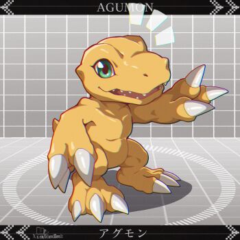 Rule 34 | agumon, character name, commentary, dclaret, digimon, digimon (creature), full body, green eyes, grey background, highres, holographic interface, kuramon, lizard, no humans, orange scales, parted lips, sharp teeth, solo, symbol-only commentary, teeth, translated