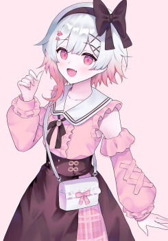 1girl :d black_hairband black_ribbon black_skirt book_off center_frills collared_shirt commentary_request cowboy_shot detached_sleeves fang frilled_shirt frilled_sleeves frills glazearty gradient_hair hair_ornament hairband hairclip hand_up highres long_sleeves looking_at_viewer mahou_shoujo_no_majo_saiban multicolored_hair neck_ribbon official_alternate_costume open_mouth pink_background pink_eyes pink_hair pink_shirt puffy_long_sleeves puffy_sleeves ribbon sakuraba_ema shirt short_hair simple_background skirt smile solo standing white_bag white_hair x_hair_ornament