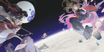 4girls absurdres aerial_battle animal_ears ascot aura battle between_fingers black_hair blonde_hair blurry bow braid broom broom_riding chinese_clothes depth_of_field detached_sleeves energy floating_hair floating_island fox_tail gohei hair_bow hair_ribbon hair_tubes hakurei_reimu hat highres holding huge_filesize incredibly_absurdres junko_(touhou) kirisame_marisa legacy_of_lunatic_kingdom light_purple_hair long_hair long_sleeves looking_at_another looking_to_the_side luomo mini-hakkero moon multiple_girls nontraditional_miko ofuda phoenix_crown rabbit_ears red_skirt red_vest reisen_udongein_inaba ribbon ribbon-trimmed_sleeves ribbon_trim shine skirt space tabard tail touhou vest wide_sleeves witch_hat