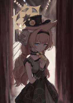 1girl absurdres animal_ear_fluff animal_ears black_hairband black_hat black_headband black_overskirt blue_archive blue_eyes blush cat_ears choker commentary_request curtains dress flower fluffy_hair frilled_choker frills grey_dress hairband halo hand_on_own_chest hat hat_flower headband highres idol idol_clothes kogure0012 long_hair looking_at_viewer mari_(blue_archive) mari_(idol)_(blue_archive) mini_hat mini_top_hat official_alternate_costume orange_hair rose solo stage stage_curtains stage_lights top_hat wrist_wrap yellow_flower yellow_halo yellow_rose