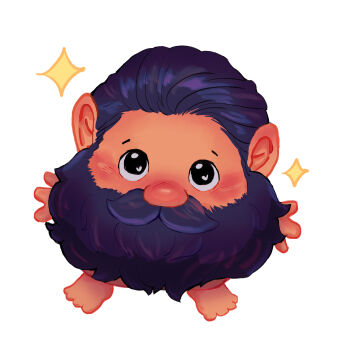 1boy absurdres beard blush chibi dungeon_meshi dwarf facial_hair from_above full_body highres long_beard male_focus meme mustache place_lips_here_(meme) pleading_eyes senshi_(dungeon_meshi) senshi_(half-foot)_(dungeon_meshi) solo sparkle standing thick_mustache tuuuron very_long_beard