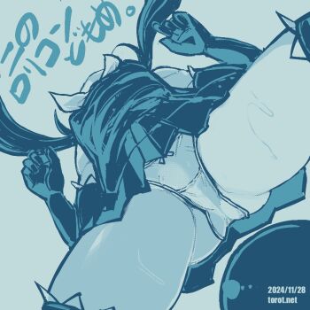 1girl backbeako_(torotei) backbeard blue_background bow bow_panties breasts commentary dated dated_commentary dress dutch_angle elbow_gloves from_below gegege_no_kitarou gloves kono_lolicon_domome loli long_hair monochrome neckerchief original paid_reward_available panties simple_background sleeveless sleeveless_dress small_breasts solo sweat thighhighs thighs torotei translated twintails underwear upskirt watermark web_address