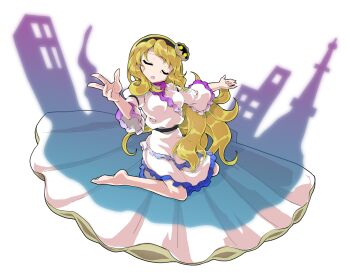 1girl alphes_(style) barefoot black_hairband blonde_hair breasts clam_shell_ornament collarbone commentary_request dairi dress fossilized_wonders frilled_sleeves frills full_body hairband hand_up large_variant_set long_hair medium_breasts parody side_slit solo style_parody tachi-e touhou transparent_background variant_set very_long_hair watari_nina wavy_hair white_dress wide_sleeves