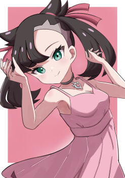 1girl absurdres asymmetrical_bangs black_choker black_hair black_nails breasts choker closed_mouth dress green_eyes hair_ribbon hands_up highres looking_at_viewer marnie_(pokemon) medium_breasts nintendo pink_dress pokemon pokemon_swsh red_ribbon ribbon rono_(lethys) solo twintails upper_body