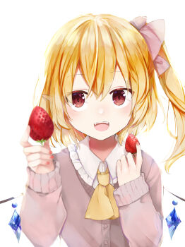 1girl absurdres alternate_costume ascot blonde_hair bow collared_shirt commentary_request crystal crystal_wings flandre_scarlet food frilled_shirt_collar frills fruit grey_sweater hair_bow highres incoming_food long_sleeves looking_at_viewer minatsuki_yurara multicolored_wings one_side_up open_mouth pink_bow pink_nails red_eyes shirt simple_background smile solo strawberry sweater teeth touhou upper_teeth_only white_background white_shirt wings yellow_ascot