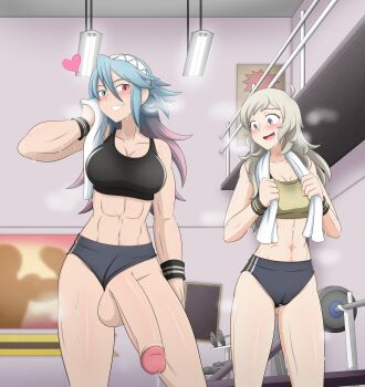1futa 1girl abs absurdres bare_shoulders black_sports_bra blonde_hair blue_hair blush breasts buruma buruma_aside cameltoe clothing_aside commission commissioner_upload drooling dumbbell fire_emblem fire_emblem_fates futa_with_female futanari gluteal_fold gradient_hair green_eyes grey_eyes grin gym hair_between_eyes hair_ornament happy heart heart_in_eye heavy_breathing heterochromia highres huge_penis indoors large_breasts long_hair luna_xd medium_breasts multicolored_hair navel nintendo open_mouth ophelia_(fire_emblem) penis penis_awe pink_hair precum precum_string red_eyes shorts smile soleil_(fire_emblem) sports_bra steam steaming_body sweat symbol_in_eye testicles toned toned_female towel towel_around_neck very_long_hair wristband
