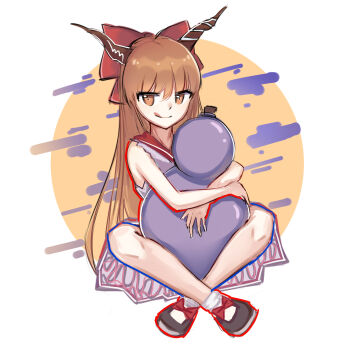 1girl :q bow brown_horns brown_shoes closed_mouth commentary gourd hair_bow highres horns hugging_object ibuki_suika long_hair looking_at_viewer oni orange_eyes orange_hair red_bow shirt shoes skirt smile socks solo tongue tongue_out touhou very_long_hair white_socks yolandabaka