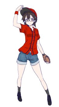 Rule 34 | 1girl, ankle socks, asada shino, asagi501, baseball cap, baseball glove, blue shorts, boots, breasts, brown boots, brown eyes, brown hair, commentary request, denim, denim shorts, double-parted bangs, full body, grey socks, hair between eyes, hair ribbon, hand on headwear, hat, highres, looking at viewer, medium hair, red hat, red shirt, ribbon, shirt, short shorts, short sleeves, shorts, simple background, small breasts, socks, solo, standing, sword art online, variant set, white background, white ribbon, yellow trim