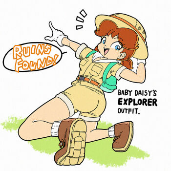 Rule 34 | 1girl, ass, backpack, bag, blue eyes, brown hair, commentary request, gloves, hat, kneeling, long hair, looking at viewer, looking back, mario (series), mario kart, mario kart world, meijin okd, nintendo, open mouth, pointing, princess daisy, short twintails, shorts, simple background, smile, speech bubble, twintails, white background, white gloves