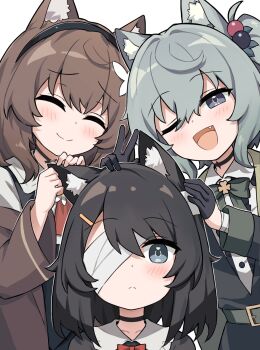 3girls ;d ^_^ animal_ear_fluff animal_ears bandage_over_one_eye bandaged_arm bandages belt_around_waist black_choker black_coat black_gloves black_hair black_vest brown_coat brown_hair cat_ears cat_girl choker closed_eyes coat expressionless fang gloves grey_eyes grey_hair half_gloves hand_on_another&#039;s_head highres homura_berry_(satou_(3366_s)) kurioshi_fio_(satou_(3366_s)) kurobane_eve_(satou_(3366_s)) long_sleeves looking_at_viewer medium_hair multiple_girls one_eye_closed open_clothes open_coat open_mouth original playing_with_another&#039;s_ears satou_(3366_s) shirt short_hair smile vest w white_shirt