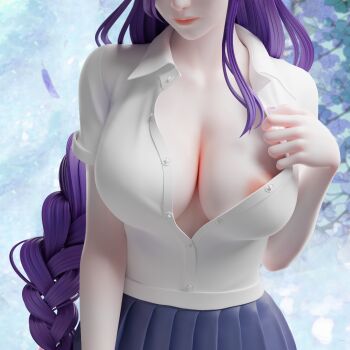1girl 3d blue_skirt braid breasts cleavage dress_shirt genshin_impact head_out_of_frame jesse_rae large_breasts long_hair nipples purple_hair raiden_shogun ribs school_uniform shirt skirt solo unbuttoned unbuttoned_shirt very_long_hair white_shirt