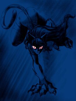 1girl animal_ears animal_hands ass blue_theme body_fur cat_ears cat_girl cat_paws cat_tail claws climbing commentary darkstalkers english_commentary evil_smile fangs felicia_(darkstalkers) floating_hair full_body glowing glowing_eyes highres hoodratt20xx long_hair pink_eyes slit_pupils smile solo spot_color tail