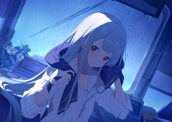 1girl collared_shirt drying drying_hair drying_own_hair dutch_angle freesia_(stella_sora) game_cg grey_hair highres indoors long_hair looking_at_viewer non-web_source official_art open_clothes open_shirt parted_lips rain red_eyes shirt solo stella_sora three-quarter_sleeves upper_body white_shirt