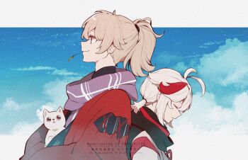 Rule 34 | 2boys, animal, antenna hair, artist name, back-to-back, black scarf, blonde hair, blue sky, cat, closed eyes, closed mouth, cloud, commentary request, day, genshin impact, hair between eyes, haori, head down, high ponytail, highres, holding, holding animal, holding cat, jagabokkuru, japanese clothes, kaedehara kazuha, kazuha's friend (genshin impact), kimono, long hair, long sleeves, looking ahead, low ponytail, male focus, medium hair, mouth hold, multicolored hair, multiple boys, outdoors, ponytail, profile, purple scarf, red haori, red scarf, red streaks, scarf, sidelocks, signature, sky, smile, stalk in mouth, streaked hair, watermark, white cat, white hair, white kimono, wide sleeves