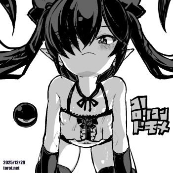 1girl all_fours backbeako_(torotei) backbeard bare_shoulders blush breasts camisole closed_mouth commentary cowboy_shot dated dated_commentary elbow_gloves gegege_no_kitarou gloves greyscale hair_over_one_eye hair_ribbon kono_lolicon_domome light_frown long_hair looking_at_viewer monochrome navel one_eye_closed original paid_reward_available petite pointy_ears ribbon simple_background small_breasts solo sweat thighhighs torotei translated twintails watermark web_address white_background
