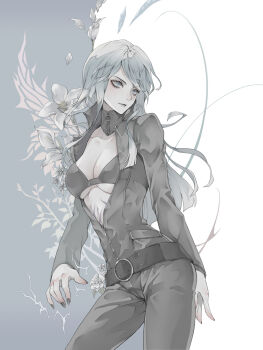 1girl belt blue_eyes blue_hair bodysuit breasts center_opening cleavage closed_mouth collar collarbone devil_summoner:_soul_hackers devil_summoner_(series) flower highres lipstick long_hair makeup nail_polish nemissa pale_skin ryokuyuu smile solo zipper