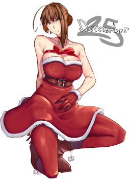 absurdres ahoge antenna_hair bare_shoulders bell boots braid breasts brown_hair bun_with_braided_base chest_bow choker christmas cleavage commentary dated dress duvalie eiyuu_densetsu english_commentary english_text full_body fur-trimmed_gloves fur_trim gloves green_eyes hair_bun highres jingle_bell large_breasts looking_at_viewer moren_eh on_one_knee pom_pom_(clothes) red_choker red_dress red_gloves red_ribbon red_thighhighs ribbon santa_costume santa_dress sen_no_kiseki_(series) short_hair simple_background single_hair_bun single_hair_intake sleeveless sleeveless_dress thighhighs white_background