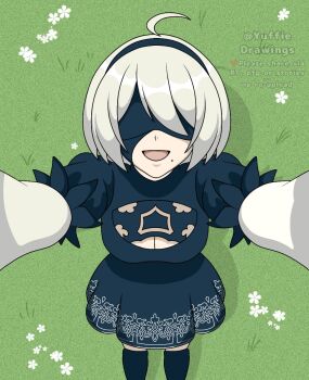 1girl 2b_(nier:automata) black_dress black_hairband blindfold breasts cleavage cleavage_cutout clothing_cutout dress gloves hairband highres long_sleeves mole mole_under_mouth nier:automata nier_(series) short_hair solo standing white_hair yuffie_drawings