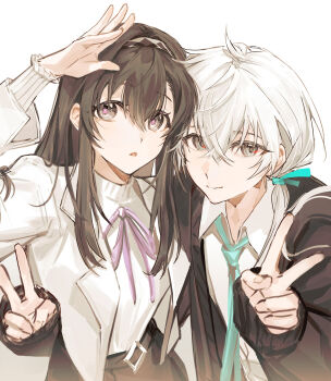 1boy 1girl absurdres alternate_costume aqua_necktie arknights arm_up black_cardigan black_hairband black_skirt brown_hair cardigan chinese_commentary commentary_request doctor_(anime)_(arknights) doctor_(arknights) double_v grey_eyes hair_between_eyes hair_over_shoulder hairband heads_together hetero highres jacket leaning_forward long_hair looking_at_viewer low_ponytail male_doctor_(arknights) neck_ribbon necktie open_cardigan open_clothes open_jacket parted_lips ponytail priestess_(arknights) purple_ribbon ribbon shading_eyes shirt sidelocks simple_background skirt sweater sweater_tucked_in turtleneck turtleneck_sweater upper_body v white_background white_hair white_jacket white_shirt white_sweater yomi_tamashi