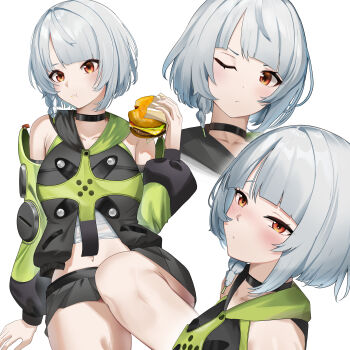 1girl absurdres anby_demara bare_shoulders black_choker black_skirt blush braid braided_sidelock burger choker closed_mouth collarbone commentary eating english_commentary food food_on_face green_jacket green_sleeves grey_hair highres holding holding_burger holding_food jacket looking_at_viewer midriff multicolored_sleeves multiple_views navel nokyang one_eye_closed orange_eyes short_hair simple_background skirt white_background zenless_zone_zero