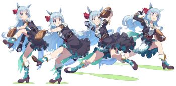 1girl :t absurdres asymmetrical_gloves asymmetrical_sleeves ball baseball baseball_glove bike_shorts black_dress black_gloves blue_hair boots braid breasts clenched_teeth closed_mouth commentary crown_braid dress gloves high_heel_boots high_heels highres holding holding_ball horse horse_girl horse_tail long_hair long_sleeves looking_afar medium_breasts mejiro_ardan_(umamusume) mismatched_gloves motion_blur multiple_views nishiki_kazue off-shoulder_dress off_shoulder open_mouth pitching purple_eyes sequential short_sleeves small_breasts standing standing_on_one_leg tail teeth umamusume uneven_sleeves v-shaped_eyebrows white_gloves