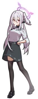 >:) 1girl absurdres black_shoes black_skirt black_thighhighs blue_archive breasts brown_eyes closed_mouth feathered_wings full_body grey_hair grey_shirt grey_wings hair_between_eyes halo hand_on_own_hip head_wings hide21find57 highres loafers long_hair long_sleeves low_twintails medium_breasts shirt shoes simple_background single_head_wing skirt smile solo standing suzumi_(blue_archive) thighhighs twintails v-shaped_eyebrows very_long_hair white_background wide_sleeves wings