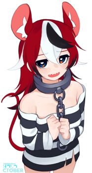1girl :d animal_ears bare_shoulders black_hair blue_eyes blush breasts chain clenched_hands collar cowboy_shot hair_ornament hakos_baelz highres hololive hololive_english long_hair long_sleeves looking_at_viewer metal_collar mouse_ears mouse_girl mouse_tail multicolored_hair open_mouth prison_clothes red_hair shirt smile solo streaked_hair striped_clothes striped_shirt tail virtual_youtuber white_hair yoako