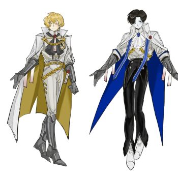 2boys alternate_costume ascot black_ascot black_hair black_pants blonde_hair blue_eyes brooch cape closed_mouth collared_shirt demian_(project_moon) full_body gauntlets hair_over_one_eye highres jewelry limbus_company looking_at_viewer male_focus multiple_boys n_corp._fanatic_(identity)_(project_moon) pants project_moon purity_seal shirt short_hair simple_background sinclair_(project_moon) smile standing white_ascot white_background white_shirt yatielizi112131 yellow_cape yellow_eyes