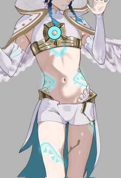 1boy angel_wings blue_hair braid capelet chest_tattoo corrupted_twitter_file crop_top didin_ed elbow_gloves feathered_wings genshin_impact gloves glowing glowing_tattoo gradient_hair halterneck hand_up head_out_of_frame highres hood hood_up hooded_capelet leg_tattoo male_focus midriff multicolored_hair multiple_tattoos navel shiny_skin short_shorts shorts solo standing stomach stomach_tattoo tattoo twin_braids venti_(archon)_(genshin_impact) venti_(genshin_impact) white_capelet white_gloves white_shorts white_wings wings