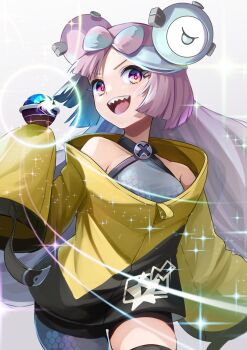 1girl :d blue_hair bow-shaped_hair breasts commentary_request cowboy_shot criss-cross_halter hair_ornament halterneck hexagon_print highres iono_(pokemon) jacket long_hair looking_at_viewer miu_(angelo_whitechoc) multicolored_hair nintendo open_mouth oversized_clothes pantyhose pink_hair poke_ball pokemon pokemon_sv sharp_teeth single_leg_pantyhose sleeves_past_fingers sleeves_past_wrists smile sparkle standing teeth v-shaped_eyebrows white_background yellow_jacket