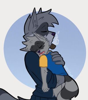 2boys aged_down animal_ears black_fur blue_pants blue_shirt carrying carrying_person commentary conner_cooper drooling english_commentary father_and_son furry furry_male grey_fur highres male_focus multiple_boys open_mouth pants raccoon_boy raccoon_ears raccoon_tail shirt sleeping sly_cooper sly_cooper_(series) slyc_cfox smoking_pipe tail