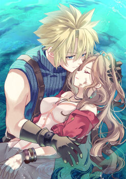 1boy 1girl absurdres aerith_gainsborough arestear0701 artist_name bangle bare_shoulders blonde_hair blue_eyes blue_shirt bracelet breasts brown_gloves brown_hair choker closed_eyes closed_mouth cloud_strife commentary_request dirty dirty_face dress final_fantasy final_fantasy_vii final_fantasy_vii_rebirth final_fantasy_vii_remake flower_choker forgotten_city gloves hair_between_eyes hand_in_another's_hair highres jacket jacket_partially_removed jewelry lake long_hair male_focus medium_breasts parted_bangs parted_lips partially_submerged pink_dress red_jacket shirt short_hair sidelocks single_bare_shoulder spiked_hair suspenders upper_body wavy_hair