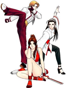 3girls black_eyes black_hair blonde_hair blue_eyes breasts brown_eyes brown_hair dress female_focus formal_clothes hairband japanese_clothes kagura_chizuru king_(snk) large_breasts long_hair multiple_girls ninja pants shiranui_mai shirt shoes short_hair skirt smile suit the_king_of_fighters thick_thighs thighs white_shirt wide_hips