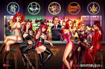 1boy 6+girls a_song_of_ice_and_fire alcohol armor artist_request bar_(place) bar_stool beer bikini_armor bill_cipher boots breasts chandra_nalaar cleavage cocktail cocktail_dress cocktail_glass commission crossover cup dress drinking_glass elbow_gloves fiery_hair formal_clothes game_of_thrones gen_1_pokemon gloves gravity_falls hair_over_one_eye high_school_dxd highres hollow_knight hollow_knight_(character) jessica_rabbit katarina_(league_of_legends) knight_(hollow_knight) large_breasts league_of_legends long_hair magic:_the_gathering makeup melisandre millennium_puzzle miniskirt multiple_crossover multiple_girls neon_lights nintendo panties pokemon pokemon_(creature) red_dress red_eyes red_hair red_sonja red_sonja_(comics) rias_gremory scar scar_across_eye scar_on_face shoulder_pads skirt squirtle stool suit tagme underwear watermark who_framed_roger_rabbit wine_glass yu-gi-oh!
