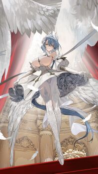Rule 34 | 1girl, absurdres, artist request, blue hair, breasts, commentary request, dress, echocalypse, elbow gloves, falling feathers, feathers, gloves, head wings, highres, kala (echocalypse), large breasts, official art, pantyhose, shoes, solo, strapless, strapless dress, thigh gap, white dress, white feathers, white gloves, white pantyhose, white shoes, wings, yellow eyes