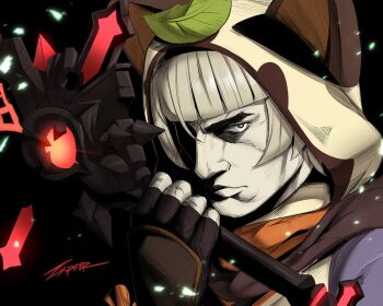 1girl animal_ears animal_hood berserk black_gloves black_scarf blunt_bangs claymore_(sword) commentary english_commentary fake_animal_ears fingerless_gloves genshin_impact gloves guts_(berserk) hair_between_eyes hair_ornament holding holding_sword holding_weapon hood leaf_hair_ornament looking_at_viewer miura_kentarou_(style) ninja parody purple_eyes raccoon_ears sayu_(genshin_impact) scarf short_hair sidelocks silver_hair solo style_parody sword v-shaped_eyebrows weapon zxpfer