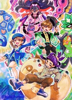 Rule 34 | 2boys, 2girls, black hair, black hat, blue hat, brother and sister, brown eyes, brown gloves, brown hair, carmine (pokemon), carmine (sygna suit) (pokemon), colored inner hair, commentary request, florian (anniversary 2026) (pokemon), florian (pokemon), furret, gen 2 pokemon, gloves, hat, juliana (anniversary 2026) (pokemon), juliana (pokemon), katathumuri, kieran (pokemon), kieran (sygna suit) (pokemon), looking at viewer, mole, mole under eye, multicolored hair, multiple boys, multiple girls, nintendo, official alternate costume, ogerpon, ogerpon (teal mask), one eye closed, open mouth, pecharunt, pokemon, pokemon (creature), pokemon masters ex, purple gloves, purple hair, siblings, terapagos, terapagos (terastal), traditional media, twitter username, two-tone hair, yellow eyes