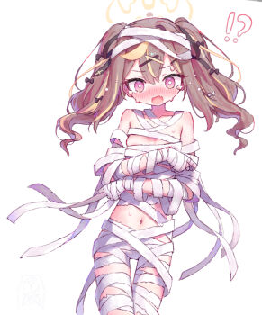 !? 1girl absurdres bandaged_arm bandaged_hand bandaged_leg bandages bare_shoulders black_bow blonde_hair blonde_streaks blue_archive blush bow breasts bright_pupils brown_hair chest_sarashi commentary_request covering_breasts covering_privates crying crying_with_eyes_open embarrassed fang hair_between_eyes hair_bow halo highres loli long_hair looking_at_viewer moron_(miroir1120) multicolored_hair mummy_costume naked_bandage navel nipple_slip nipples nose_blush open_mouth purple_eyes rena_(blue_archive) sarashi simple_background skin_fang small_breasts solo standing streaked_hair sweat tears thighs twintails white_background white_pupils yellow_halo