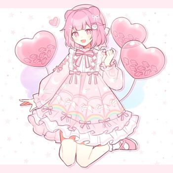 1girl :d balloon beret blush bobby_socks bow carousel commentary double_bun dress fang frilled_dress frilled_sleeves frills hair_bun hat hat_bow heart_balloon horse_print lolita_fashion long_sleeves looking_at_viewer ootori_emu open_mouth penguin_hair_ornament pink_bow pink_dress pink_eyes pink_hair pink_hat pink_shoes pink_theme project_sekai puffy_long_sleeves puffy_sleeves rainbow_print shoes short_hair sidelocks skin_fang smile socks solo sparkling_eyes two_side_up waka_(wk4444) white_socks yume_kawaii